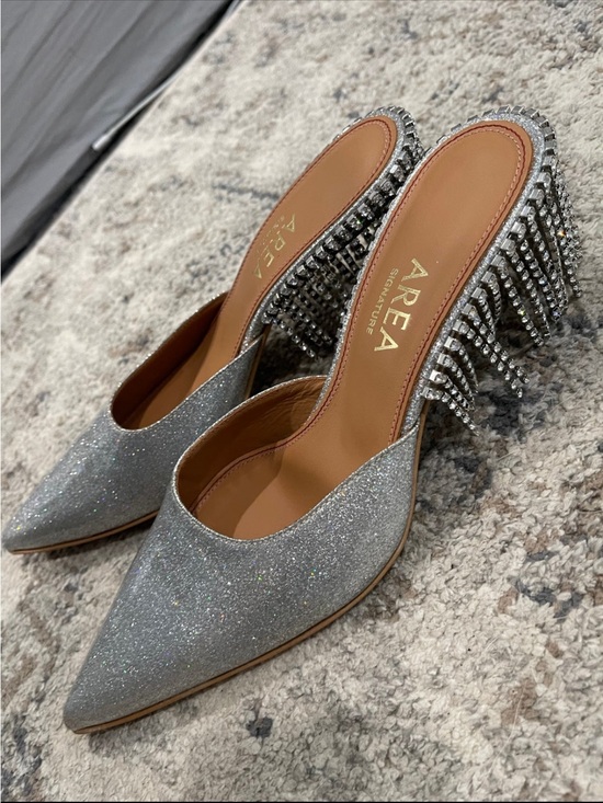 AREA Shoes - AREA Silver Glitter Pointed Mule with Crystal-Embellished Block Heel